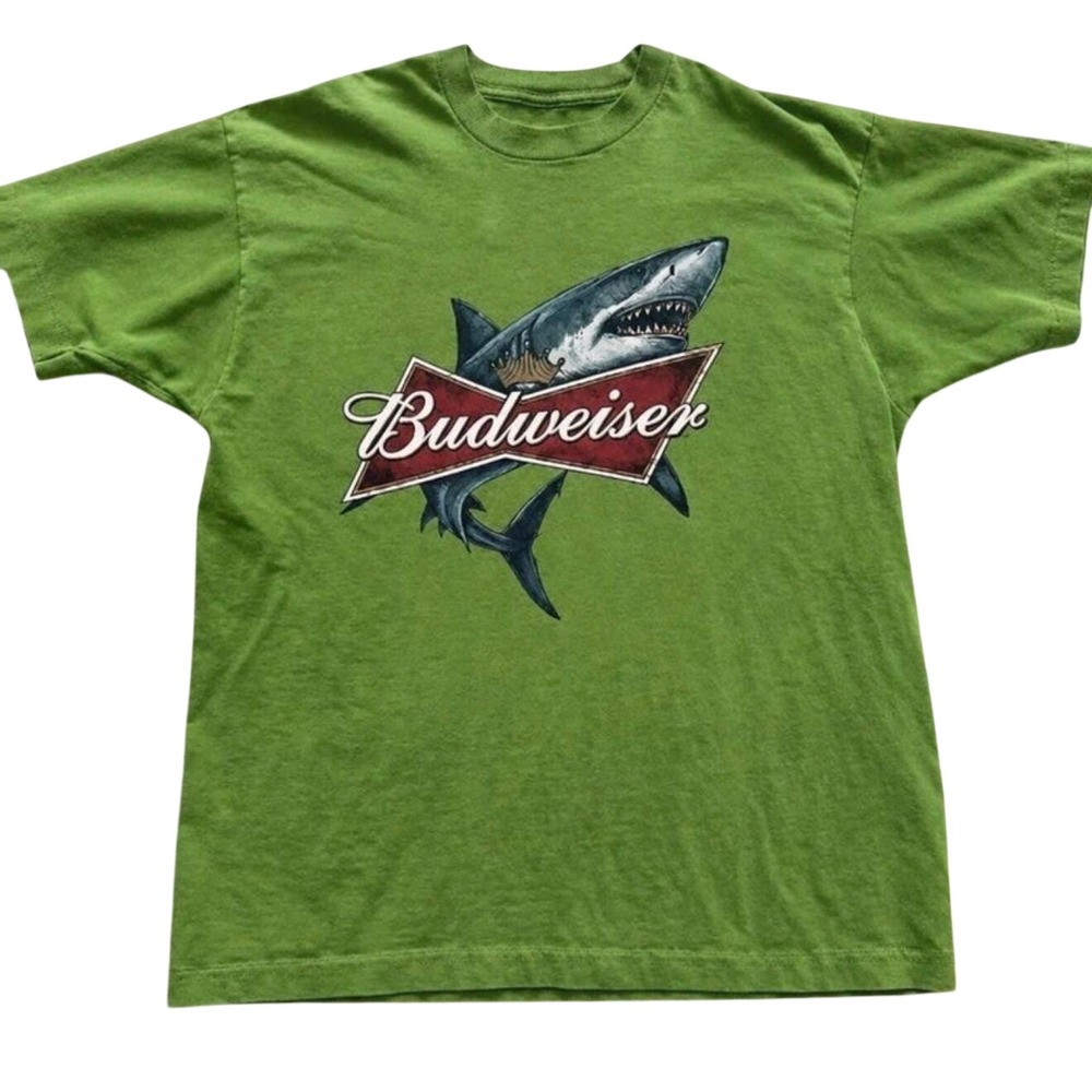 Budweiser Shark Graphic T-Shirt Green Gildan Cotton Short Sleeve Crewneck Tee